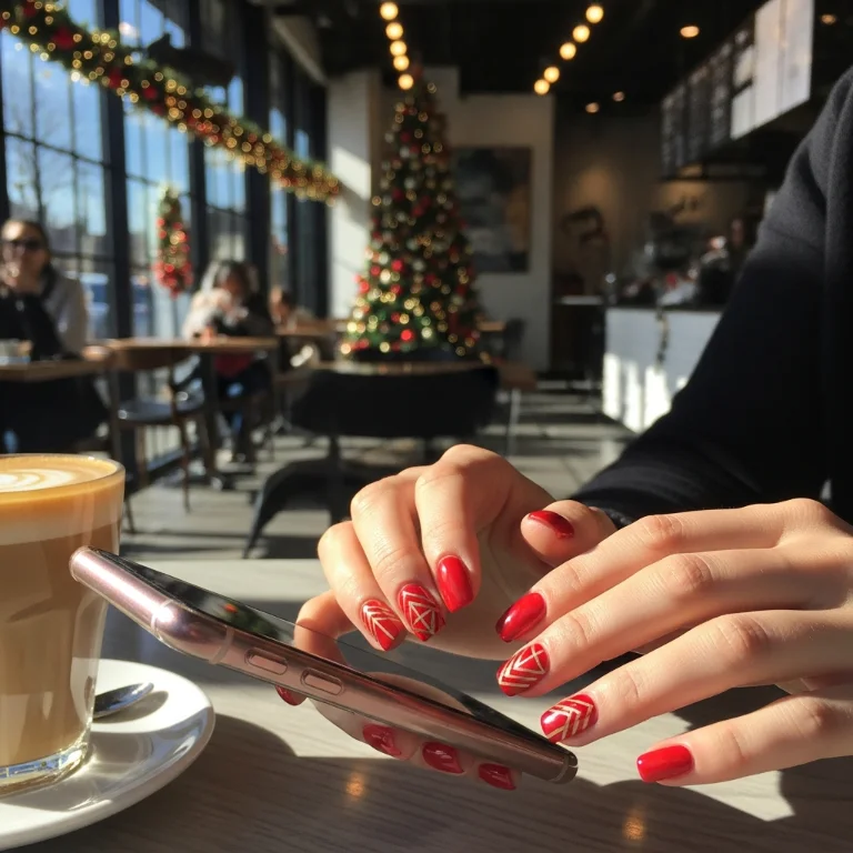  Red Nail Polish with Gold Geometric Lines