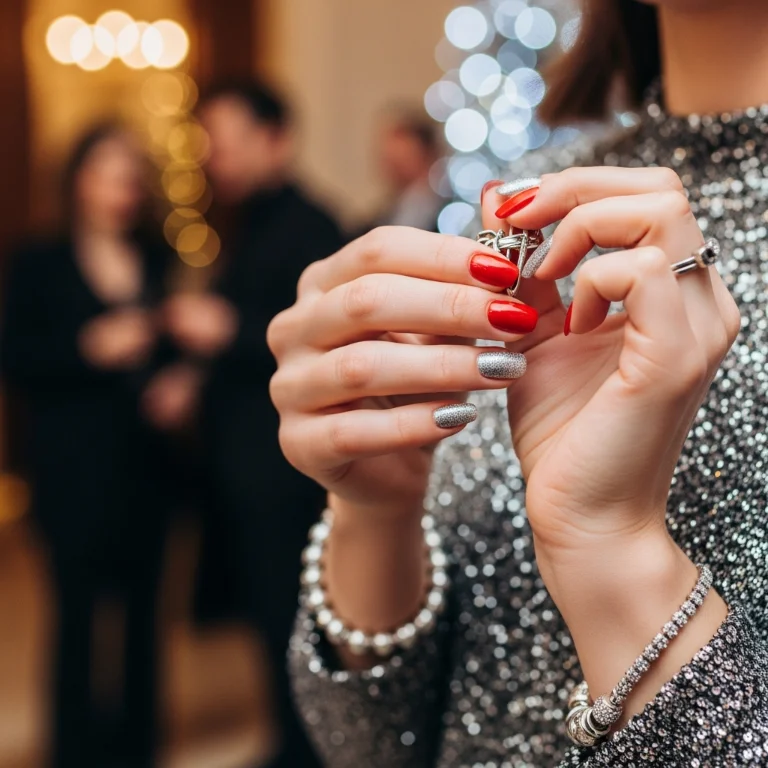 Classic Red Manicure with Silver Glitter