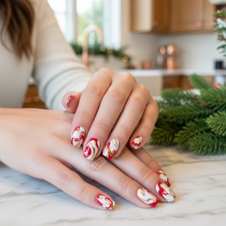  Red Marble Nail Design with Swirls