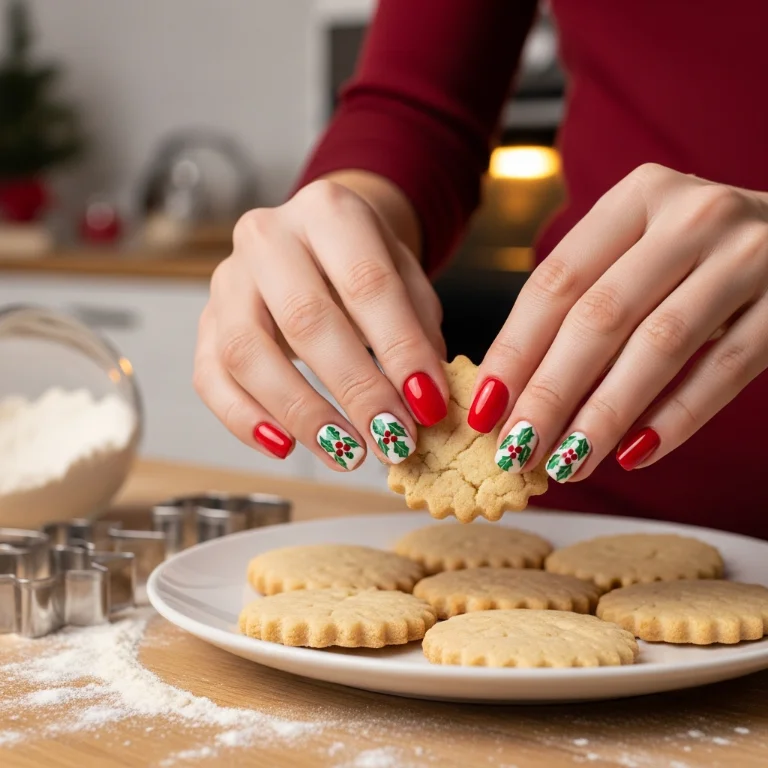  Red Nail Art with Holly Leaf Details