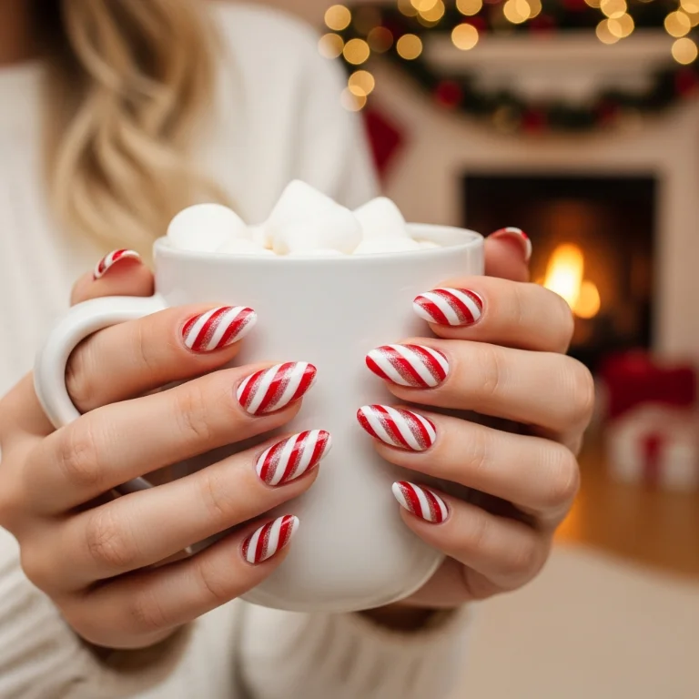 Candy Cane Nail Art with Shimmer Topcoat