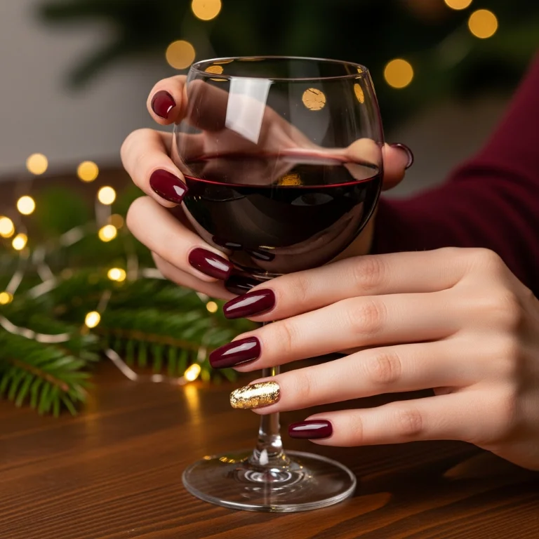 Burgundy Nails with Metallic Gold Details