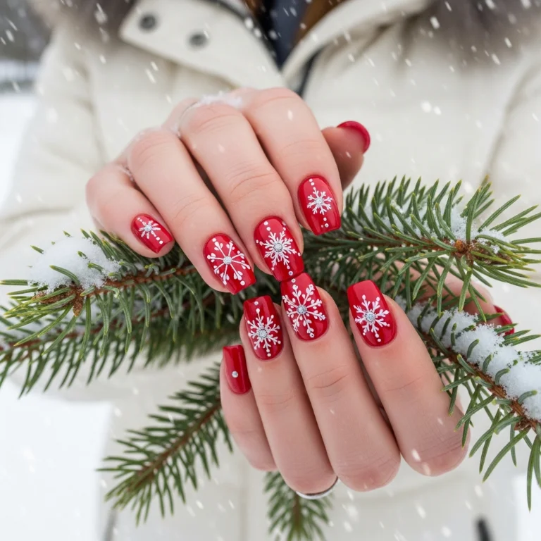  Red Nails with White Snowflake Art